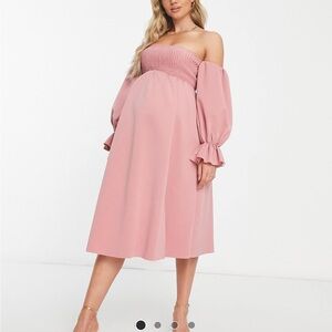 asos design maternity shirred bardot blouson midi dress in soft pink